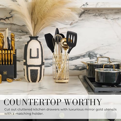 Styled Settings Black and Gold Cooking Utensils Set, 7-Piece, Black & Gold | Nonstick Silicone Cooking Utensils Set with Gold Utensil Holder, White and Gold Kitchen Accessories for Modern Kitchens - color: 7 Piece Black & Gold