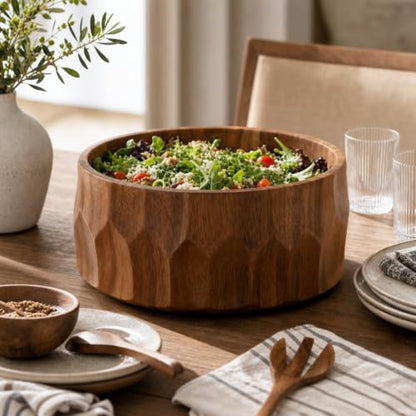 Arthur Court Large Diamond Pattern Acacia Wood Salad Serving Bowl - Modern Centerpiece for Fruits or Salads - 12" Diameter 6" Tall - size: Diamond