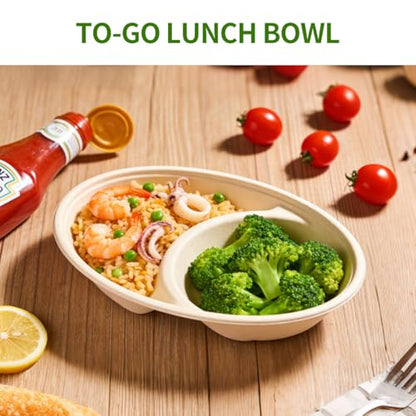2 Compartment Bowls 100 Pack, Divided Disposable Chip and Dip Bowls | BPA Free Sugarcane Fiber Pulp Bowls, Compartment for Two Dishes, Serving Chips and Salsa, Snacks, Finger Foods - size: Compartment 9.3 x 6.5 x 1.6 inch