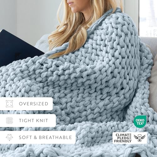 Merit Linens Chunky Knit Throw Blanket - One Size Light Blue - color: Chunky Hand-knit Light Blue