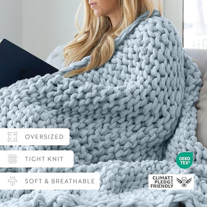 Merit Linens Chunky Knit Throw Blanket - One Size Light Blue - color: Chunky Hand-knit Light Blue