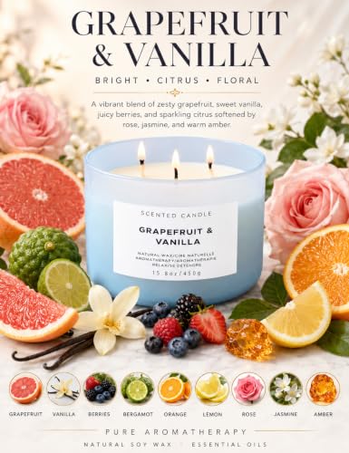 Grapefruit Vanilla 3-Wick Soy Candle, 15.8 Oz Large Scented Candle for Home | Bright Creamy Citrus With Bergamot & Berries, Aromatherapy, Room-Filling Scent, Clean Burn, 15.8 Oz, Blue Jar, Gift Ready