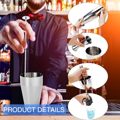 24 Pcs Shaker Set Stainless Steel Cocktail Drink 18 oz&28 oz Shaker Tin with Strainer Jigger Long Spoon Muddler Bottle Pourer Mixed Alcohol Tool for Beginner Bartender Kit