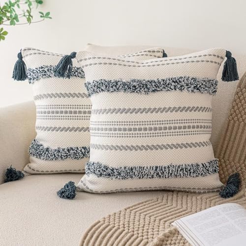 BUIOVBEY Boho Throw Pillow Covers Woven Tufted Pillow Cases with Tassels | Farmhouse Pillow Covers 18x18 Set of 2 Textured Striped Cushion Case Neutral Decorative Pillowcase for Sofa Couch Dark Blue - color: Dark Blue, size: 18" x 18" (Pack of 2)