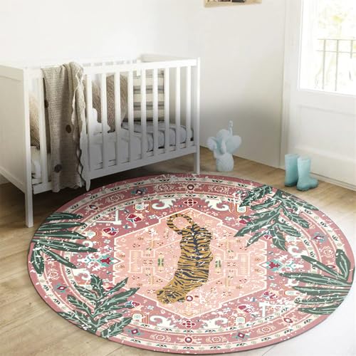 Washable Pink Rugs Thin Oriental Boho Vintage Cute Tropical Leopard 4ft Round Area Rugs for Bedroom Kitchen Dining Living Room Office Indoor Entryway Distressed Nursery Circle Carpet - color: Pink, size: 4' Round