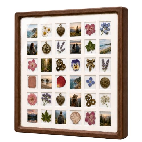 12x12 Solid Walnut 36-Grid Tabletop Shadow Box with Clear PET Panel | 36-Grid Picture Frame Display Case| Walnut shadow box with clear PET panel for flowers, stamps, photos, moms, and collectors.