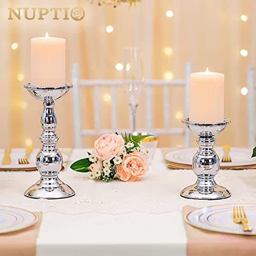 Nuptio Pillar Candle Holders Metal Candle Holder Ideal for 3 inches Candles, Silver Candle Holder for Living Room, Gardens, Spa, Aromatherapy, Incense Cones, Wedding, Party, 2 Pcs | (S + L) Metal Candle Holder for Living Room Gardens Spa Aromatherapy Ince
