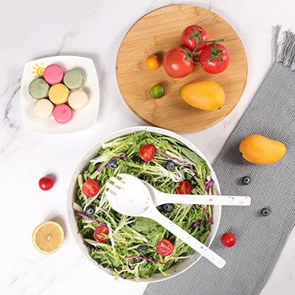 ECOWAY Melamine Salad Bowl with Bamboo Lid & Servers, Bamboo Fiber Salad Serving Bowl 4Qt, Salad Mixing Utensils with Tongs Spoon for Salad, Fruit, Soup, Vegetables, Pasta, Dessert Bowls, 9.84 Inches - color: Marbling with lid