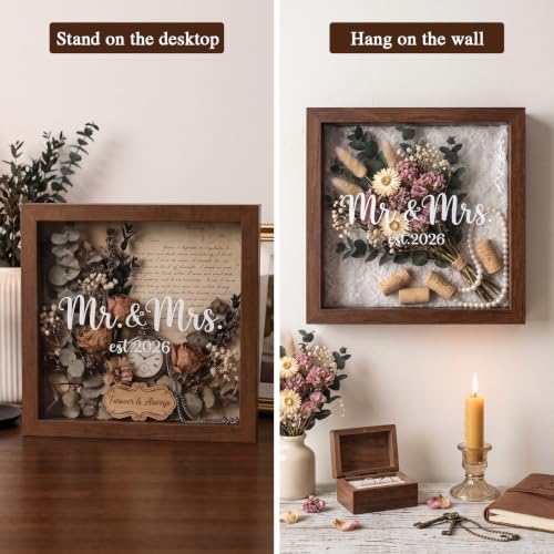 9x9 Wooden Wedding Shadow Box Frame - Mr and Mrs Est 2026 Memory Box Display Case with Clear Acrylic Window for Keepsakes, Dried Flowers, Photos - Bridal Shower, Engagement Gifts for Couples