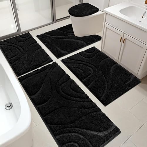 HEBE Bathroom Rugs Sets 5 Piece, Non Slip Washable Absorbent Bath Mat Set | Super Soft Plush Microfiber Bathroom Mats with Runner Set, Solid Bathmat with U-Shaped Toilet Rug Cover Set for Tub, Shower - color: Black, size: 18"x26"+20"x32"+20"x48"+U20"x24"+