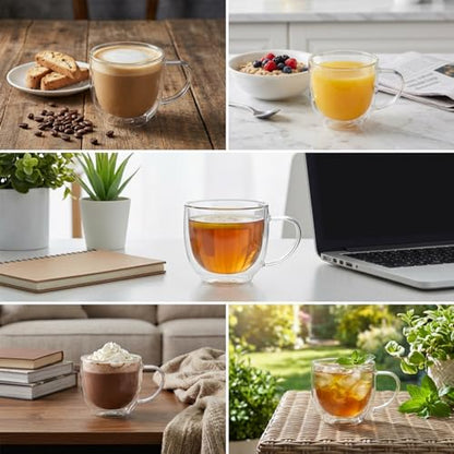 Double Wall Glass Coffee Mugs with Handle, 7.4 oz (220ml) Clear Insulated Espresso Cups for Cappuccino, Latte, Hot Tea & Cold Drinks, Microwave Safe Borosilicate Glassware, Set of 2 (6oz(2-pack))