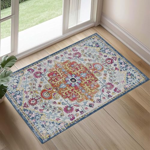 Washable Entry Rug, 2x3 Small Rugs for Kitchen Bathroom Door Mat | Non Slip Rubber Backing, Stain & Fade Resistant, Ashen Charcoal Floral Decor, Indoor Entrance - color: Blue Orange, size: 2' x 3' (Rectangular)