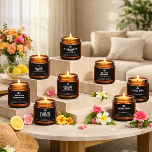 8 Pack Soy Wax Scented Candles Gift Set, Aromatherapy Candles with Lavender Chamomile, Citrus Sage, Caramel Vanilla, Coffee Whiskey, Long Lasting Stress Relief Candle, Unisex Home & Gift Set for Men - color: Signature Scents Set