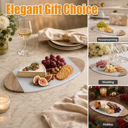 Creative Home Luxury Taj Mahal Natural Marble & Solid Wood Trim Cheese Board, Handcrafted Serving Platter with Cool Surface for Charcuterie, Pastries - KITCHEN ESSENTIAL Gift