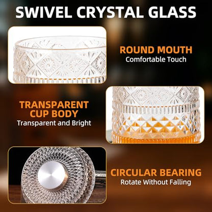 Luxury 360° Spinning Crystal Whiskey Glass Set Of 2, Rotating Old Fashioned Rocks Glasses & & 4 Color Lighting, Scotch & Bourbon, Cocktail Glasses for Bar, Party, Home, and Gift (Star Diamond) - color: Star Diamond