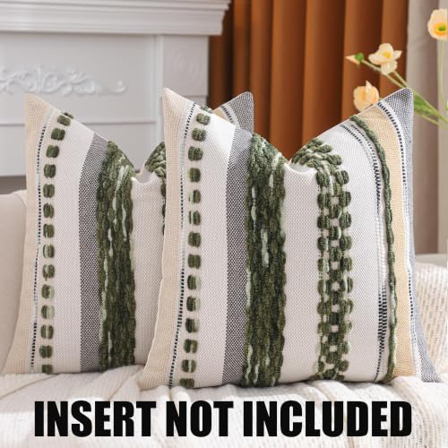 Boho Throw Pillow Covers 18x18 Inch Set of 2 Dark Green | Durable Fabric,Stripe Pillow Covers,Farmhouse Cushion Case,Chenille Pillow Cases,Neutral Pillowcase for Sofa Couch Bed - color: Dark Green Stripe, size: 18" x 18" (Pack of 2)