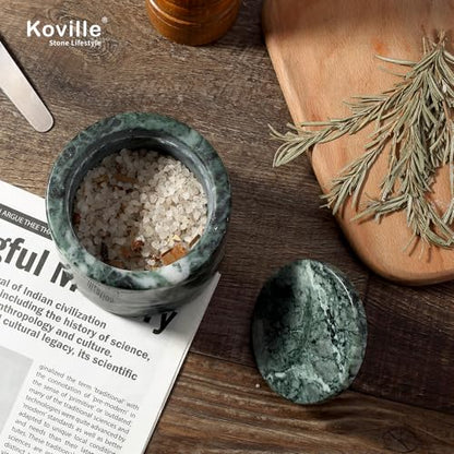 Green Marble Salt Cellar with Lid 3.5", Stone Pepper Container & Spice Jars for Kitchen, Marble Salt and Pepper Holder, Stone Storage Box for Kitchen Counter, Spice Jar (Verde Alpi Green) - color: Verde Alpi Green