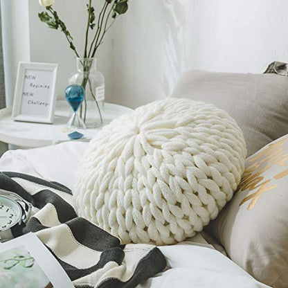 vctops Chunky Knit Round Shaped Throw Pillows with Insert Super Soft Cozy Decorative Handmade Cushions (White, Diameter 16") - color: White, style: Diameter 16Inch