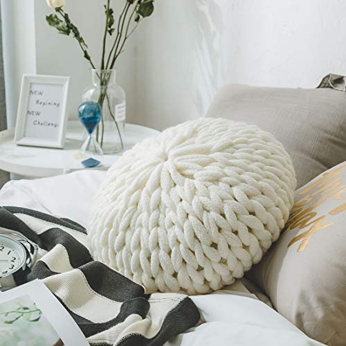 vctops Chunky Knit Round Shaped Throw Pillows with Insert Super Soft Cozy Decorative Handmade Cushions (White, Diameter 16") - color: White, style: Diameter 16Inch