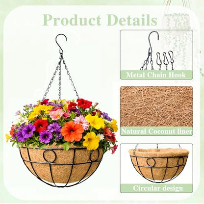 EIMQUVW Outdoor Hanging Planter(4-Pack) Black Metal Hanging Baskets with Coconut Fiber Lining 14 inch Round Chain Flower Pots for Patio Garden Greenery Decoration - size: 14 Inch, style: Circular