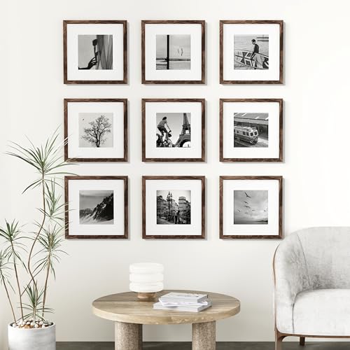 Vittanly 12x12 Picture Frames Set of 9, Shatter Resistant Plexiglass, Display 8x8 Pictures with Mat or 12x12 without Mat, Photo Frames for Wall Mount, Engineered Wood, Brown | Display Pictures 8x8 with Mat or 12x12 without Mat for Wall Mounting, Square Ph