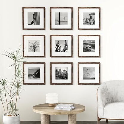 Vittanly 12x12 Picture Frames Set of 9, Shatter Resistant Plexiglass, Display 8x8 Pictures with Mat or 12x12 without Mat, Photo Frames for Wall Mount, Engineered Wood, Brown | Display Pictures 8x8 with Mat or 12x12 without Mat for Wall Mounting, Square Ph