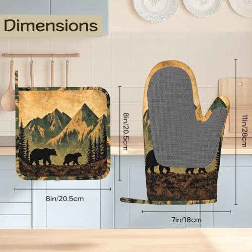 Retro Bear Mountain Oven Mitts and Pot Holders Sets of 4, Heat Resistant Silicone Oven Mitts Gloves Non-Slip Kitchen Mittens Potholders for Cooking Baking Grilling BBQ - color: Retro Bear Mountain