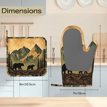 Retro Bear Mountain Oven Mitts and Pot Holders Sets of 4, Heat Resistant Silicone Oven Mitts Gloves Non-Slip Kitchen Mittens Potholders for Cooking Baking Grilling BBQ - color: Retro Bear Mountain