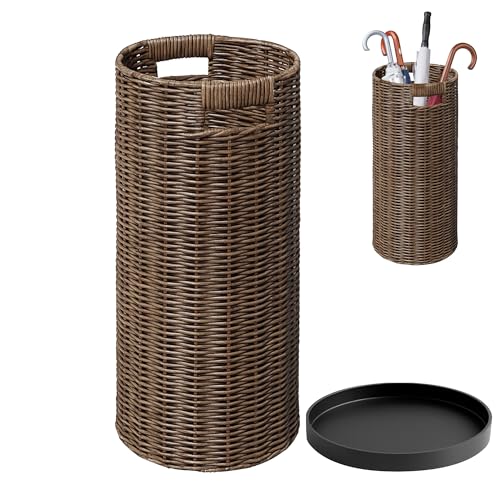 Rattan Umbrella Holder 21"H X 10"D, Handmade Wicker Umbrella Stand Indoor with Dip Tray, Sturdy Umbrella Holders for Entryway, Umbrella Bucket Fits Mudroom,Walking Canes,Home,Office (Brown) - color: Brown