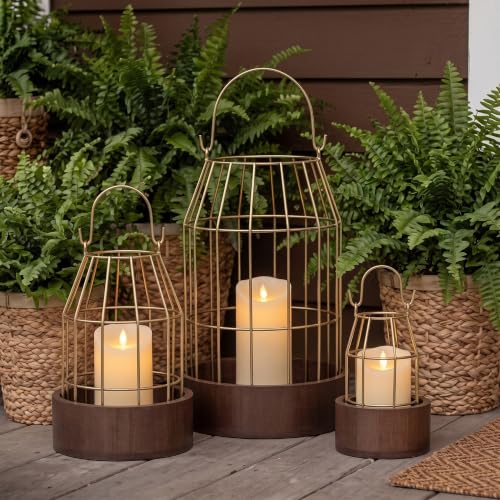 Rustic Farmhouse Lantern Decoration Set of 3, Modern Decorative Lanterns Indoor Outdoor, Metal Candle Holders for Porch Patio Fireplace Mantle Dining Room Table(Light Brown, Gold) - color: Light Brown, Gold