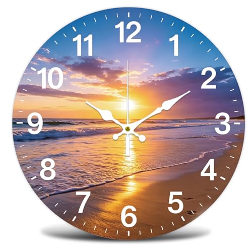 Seaside Beach Wall Clock Silent Non-Ticking 12" for Living Room Decor | 1 AA Battery Operated (not Included); Easy to Read; Keep Accurate Time; Coastal Tropical Nature; Kitchen Bedroom Indoor Use - color: Coastal