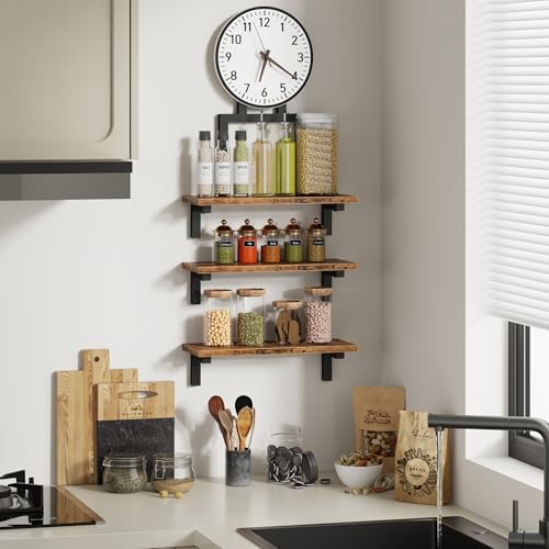 Floating Wall Shelves Set of 3 with Clock, 15 Inch | Wood Shelves, Rustic Finish, Wall Mounted, Storage Display, Farmhouse Style, Living Room, Bedroom, Bathroom, Kitchen