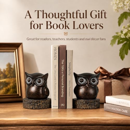 Owl Bookends for Shelves, Resin Book Ends Set of 2 | Anti-Slip Base, Antique Bronze Owl Design, Office Bookshelf Decor - style: Whimsical