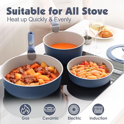 SENSARTE 24 Piece Ceramic Detachable Handle Pots and Pans Set Navy | Ceramic Cookware Set, Induction Cookware Set with Removable Handle, Healthy Non Stick for RV, Dishwasher ＆ Oven Safe - color: Navy, size: 24 Piece