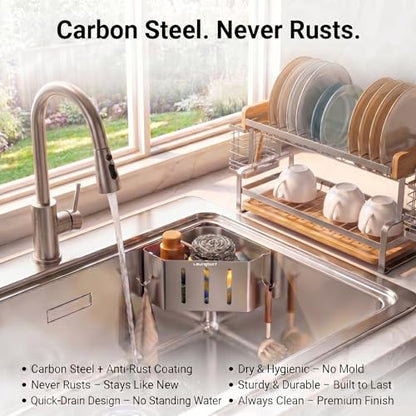 Kitchen Sink Sponge Holder, Gray (1 Pack) | Rustproof carbon steel with fast drainage holes, 2 stainless hooks & 4 pads. No-drill adhesive triangle for corner sink - size: Triangle Kitchen Sink Sponge Holder