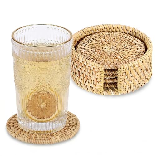 Drink Coasters Set of 6, Handwoven Rattan Coasters with Holder - Coaster for Coffee Table, Boho Cup Coaster for Home Decor Accents-Heat Insulation, 4 Inch(Natural Rattan) - style: Natural Rattan