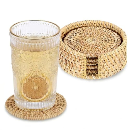 Drink Coasters Set of 6, Handwoven Rattan Coasters with Holder - Coaster for Coffee Table, Boho Cup Coaster for Home Decor Accents-Heat Insulation, 4 Inch(Natural Rattan) - style: Natural Rattan