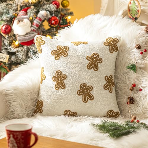 Christmas Pillow Cover 18x18 Inch 1 Pack White Boucle Gingerbread Shaped Cushion Cover, Fluffy Textured Decorative Throw Pillow Case for Couch Sofa Bed Living Room Porch Winter Home Décor - color: Gbread Man