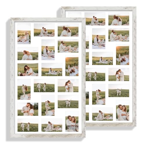 Hongkee 18x30 Collage Frame 2 Pack, Fits18 4x6 with Mat - Real Glass Cover | Distressed White Wooden, 18 x 30 Collage Picture Frame - Horizontal or Vertical Wall Mounting, fits Photos, Posters and Art - color: Distressed White, size: 18x30 in matted to 18