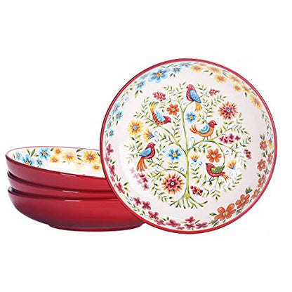 Bico Red Spring Bird Pasta Bowls, 35oz Salad Bowl Set of 4, Large Ceramic Serving Dinner Bowls for Soup and Cereal, Microwave and Dishwasher Safe, Gift for Housewarming and Thanksgiving - color: Red Spring Birds