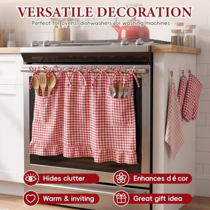 4 Pcs Red Gingham Oven Skirt Curtain Set with Mitts & Hand Towel | 29 x 21 in Farmhouse Rustic Kitchen Stove Cover, Heat-resistant Door Curtain with Ribbon Ties, for Holiday & Everyday Kitchen