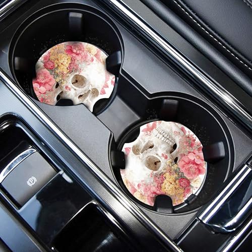 WOCOCN Cute Cup Holder Coasters for Your Car with Fingertip Grip | Auto Accessories for Women & Men,Pack of 2, Flower Skull - color: Flower Skull