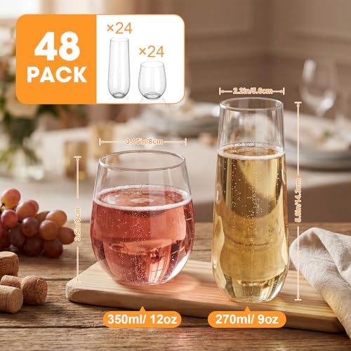 Remerry 48 Pack Stemless Plastic Wine Glasses 9 oz & 12 oz Disposable Champagne Flutes Cups Shatterproof Toasting Cocktail Glasses for Weddings, Bars, Events(Clear) - style: Clear