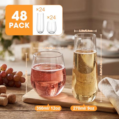 Remerry 48 Pack Stemless Plastic Wine Glasses 9 oz & 12 oz Disposable Champagne Flutes Cups Shatterproof Toasting Cocktail Glasses for Weddings, Bars, Events(Clear) - style: Clear