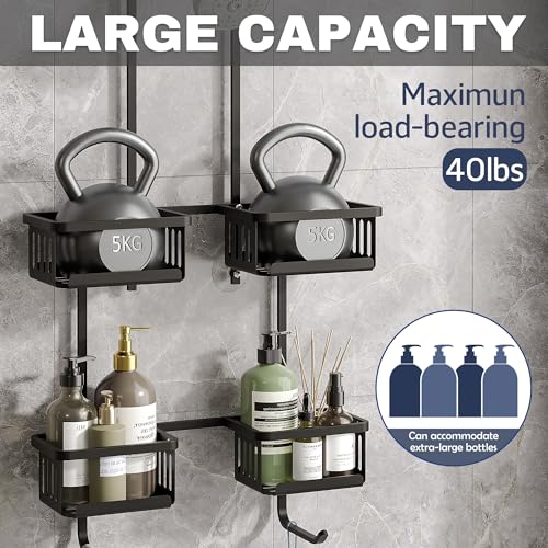 Aluminum Shower Caddy Hanging for Handheld Showerheads, Never Rust Shower Organizer with Hooks Holder Toothbrush Holder，Over Showerhead Caddy for Bathroom, Black - color: Black