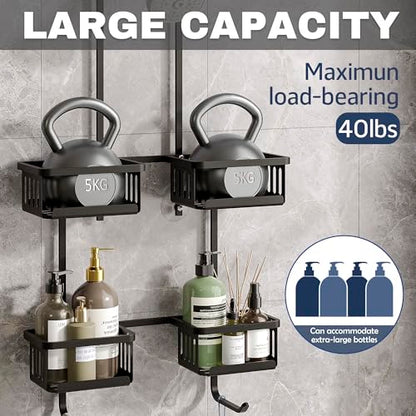 Aluminum Shower Caddy Hanging for Handheld Showerheads, Never Rust Shower Organizer with Hooks Holder Toothbrush Holder，Over Showerhead Caddy for Bathroom, Black - color: Black