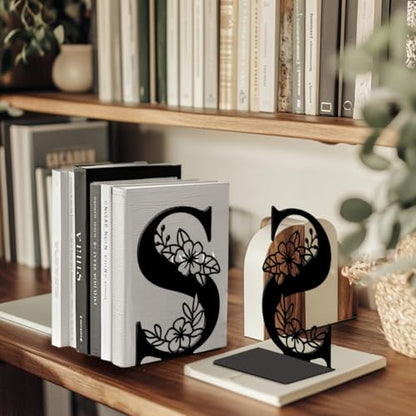 5.3"x4.3"x7.1" Metal Bookends, Heavy Duty Book Ends for Shelves | Letter S with Flower Theme Cast Iron Book Supports, 1 Pair Decor Stoppers for Desk, Library, Office & Home Shelves - style: Letter S with Flower