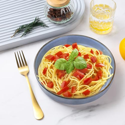 E-far Pasta Bowls Set of 4, 30oz Shallow Salad Bowls for Dinner Serving, 8.25" Stoneware Ceramic Bowl Plates for Noodle Soup, Microwave & Dishwasher Safe, Reactive Glaze, Blue - color: Blue