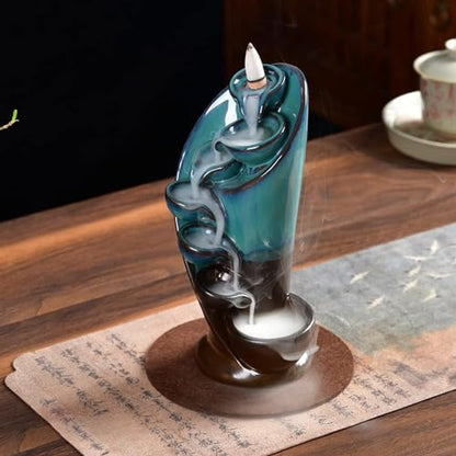 YYW Backflow Incense Burner Holder Handmade Statue Decor Fountain Waterfall Incense Holder with 20 Backflow Incense Cones 30 Incense Sticks 1 Tweezer 1 Mat for Indoor Meditation Yoga (Blue) | Includes 20 Backflow Incense Cones 30 Incense Sticks 1 Tweezer