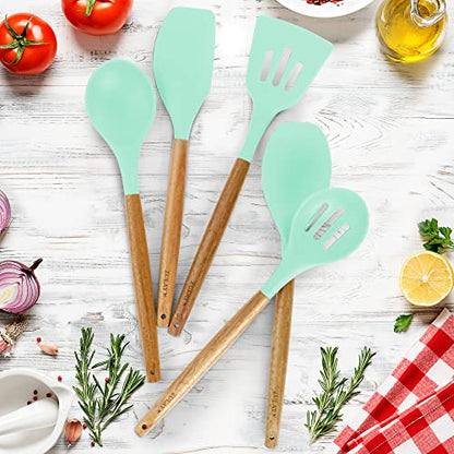 Zulay Kitchen 5 Piece Silicone Utensil Set | Non-Stick Silicone Cooking Utensils Set with Acacia Wood Handles - 464°F Heat Resistance Kitchen Utensils Set - Aqua - color: Sky Aqua, size: 5-Piece Set